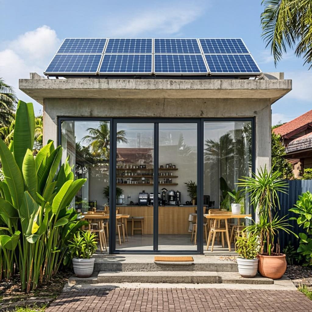 Contoh ilustrasi: Kafe & Workspace — tipe properti bisnis yang dapat dirancang solusi PLTS-nya